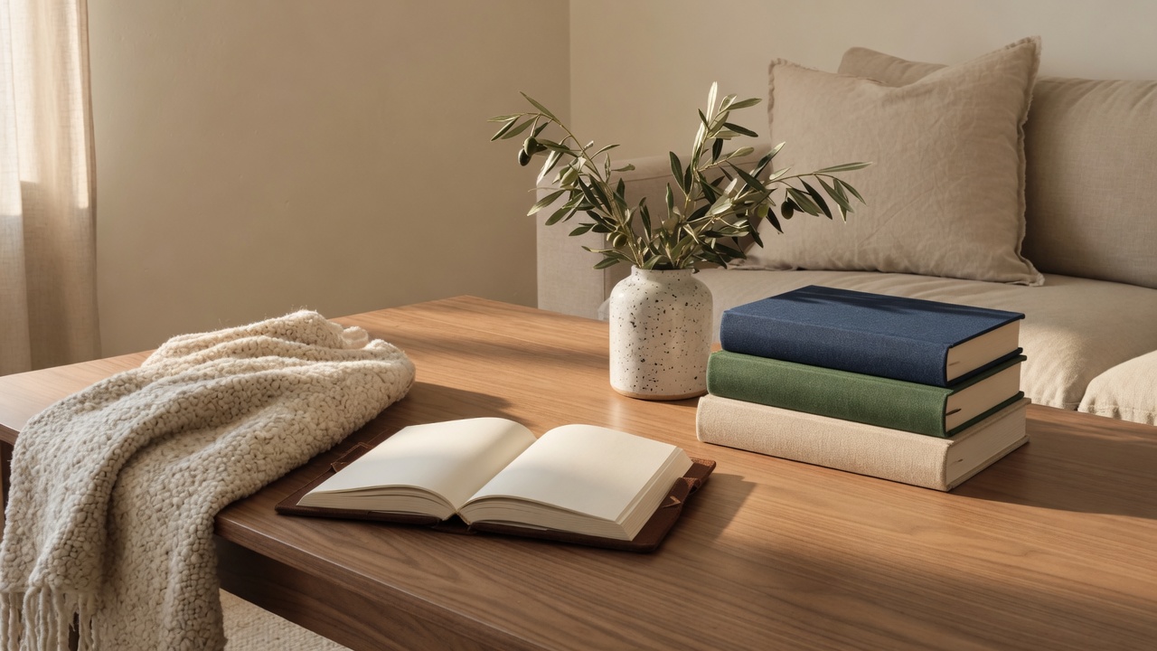 Clothbound books and a blue stoneware vessel on an oak table.