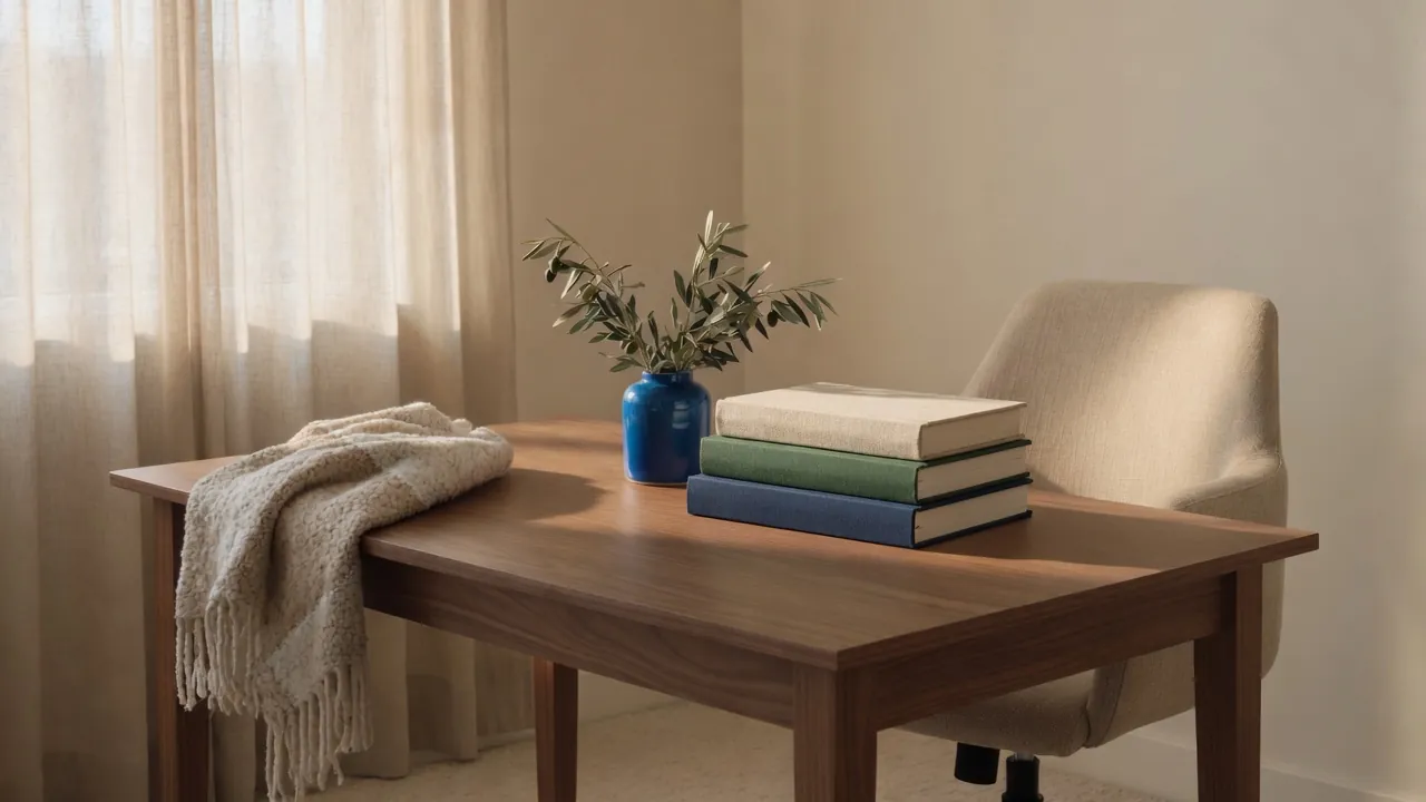 Clothbound books and a blue ceramic vessel on a walnut office desk in window light.