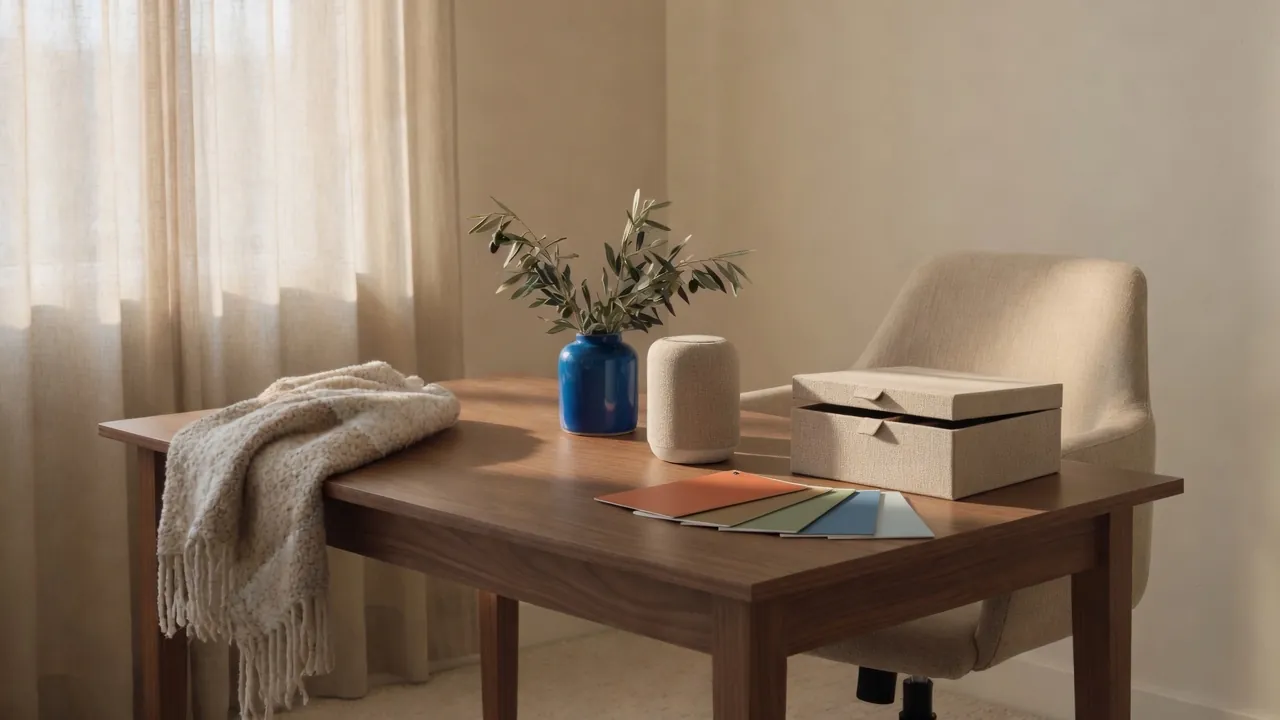 A linen archive box, three color swatch cards, and a blue ceramic vessel on a walnut office desk in window light.