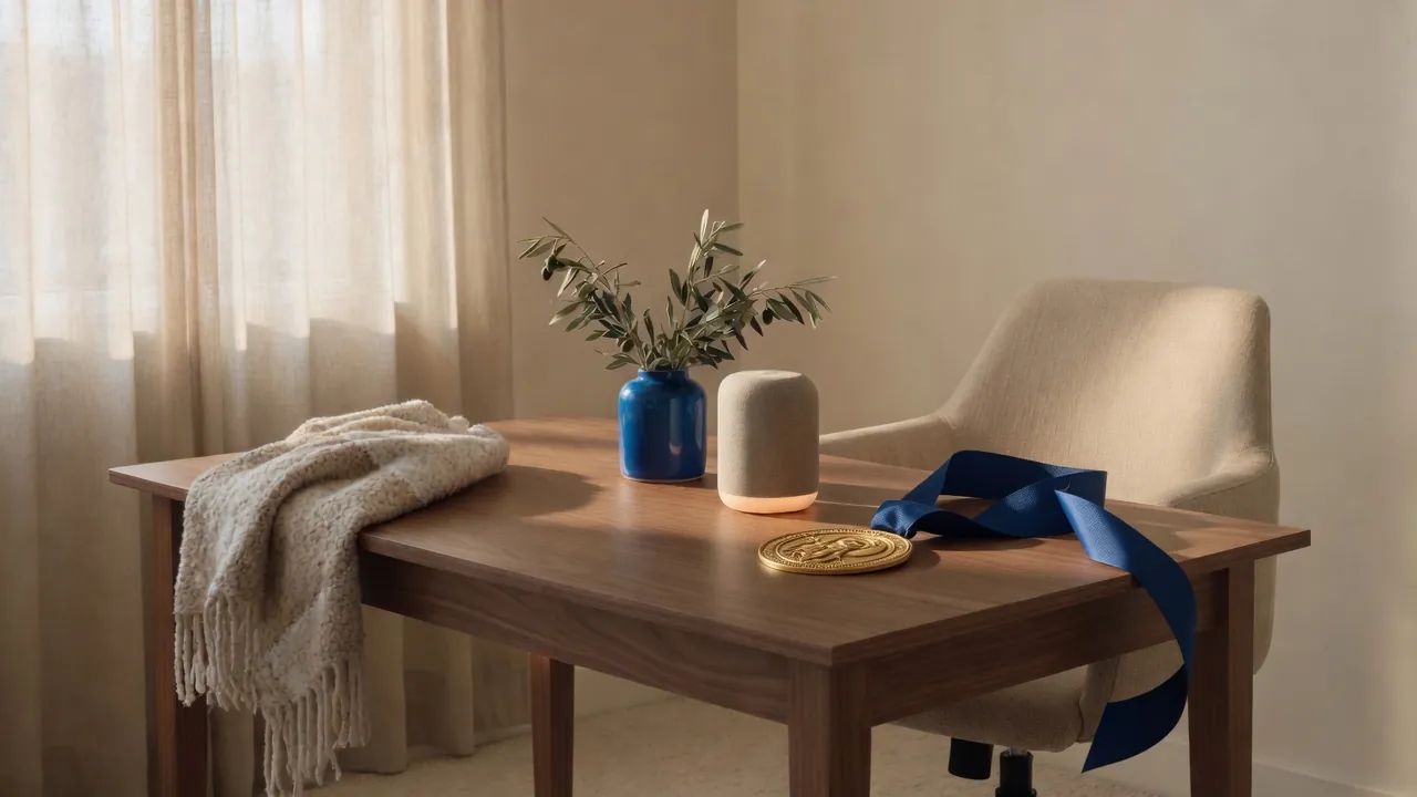 A brass medallion on a navy ribbon and a blue ceramic vessel on a walnut office desk in window light.