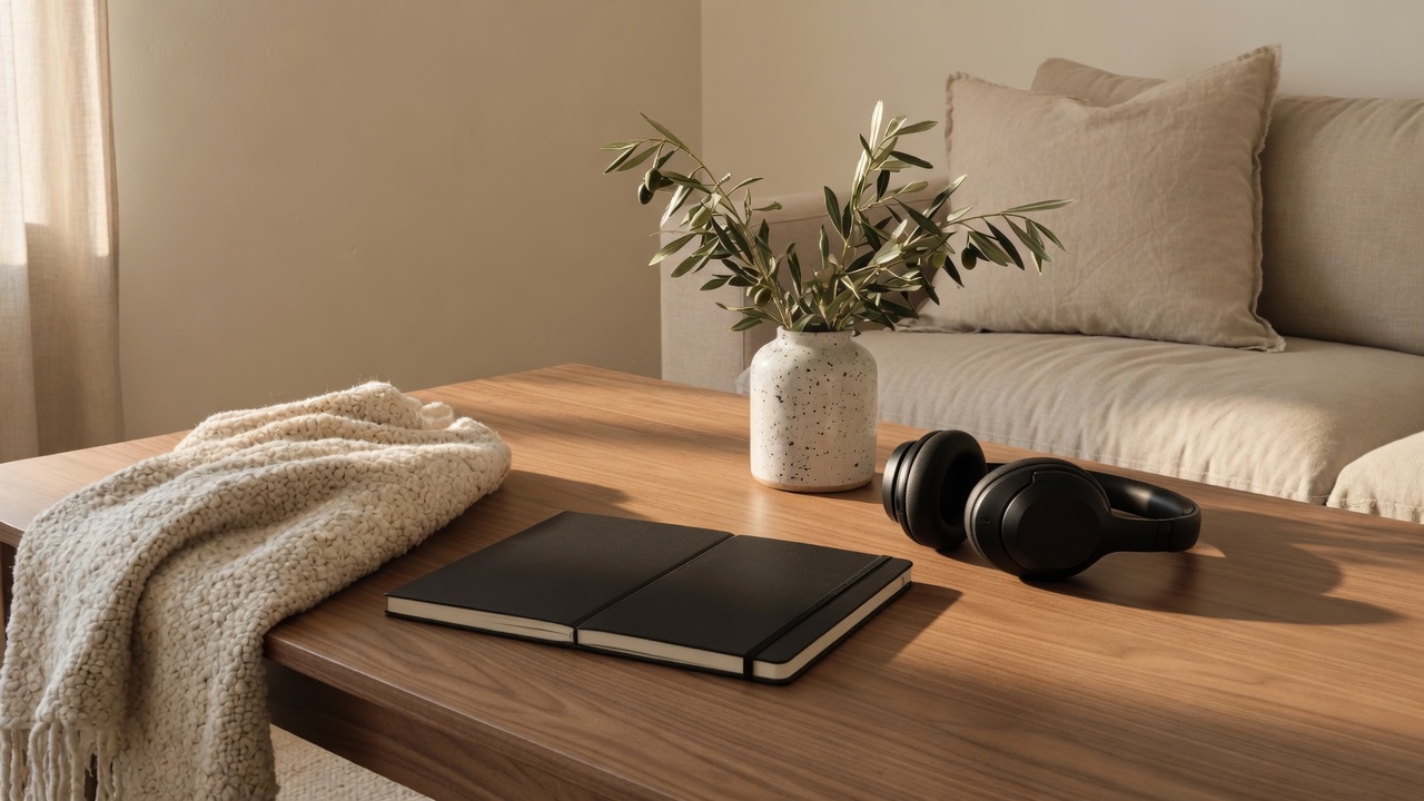 Headphones, a notebook, and a blue vessel on oak.