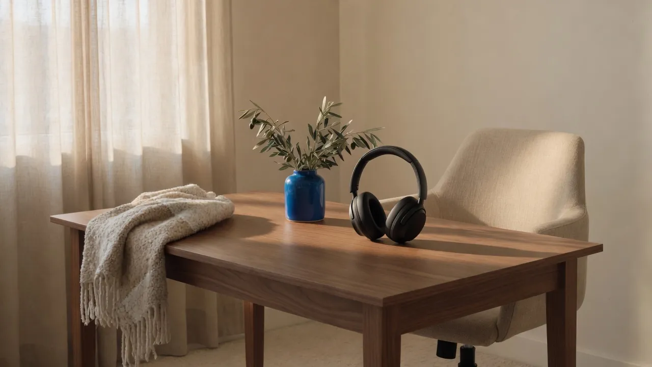 Headphones and a blue ceramic vessel on a walnut office desk in window light.