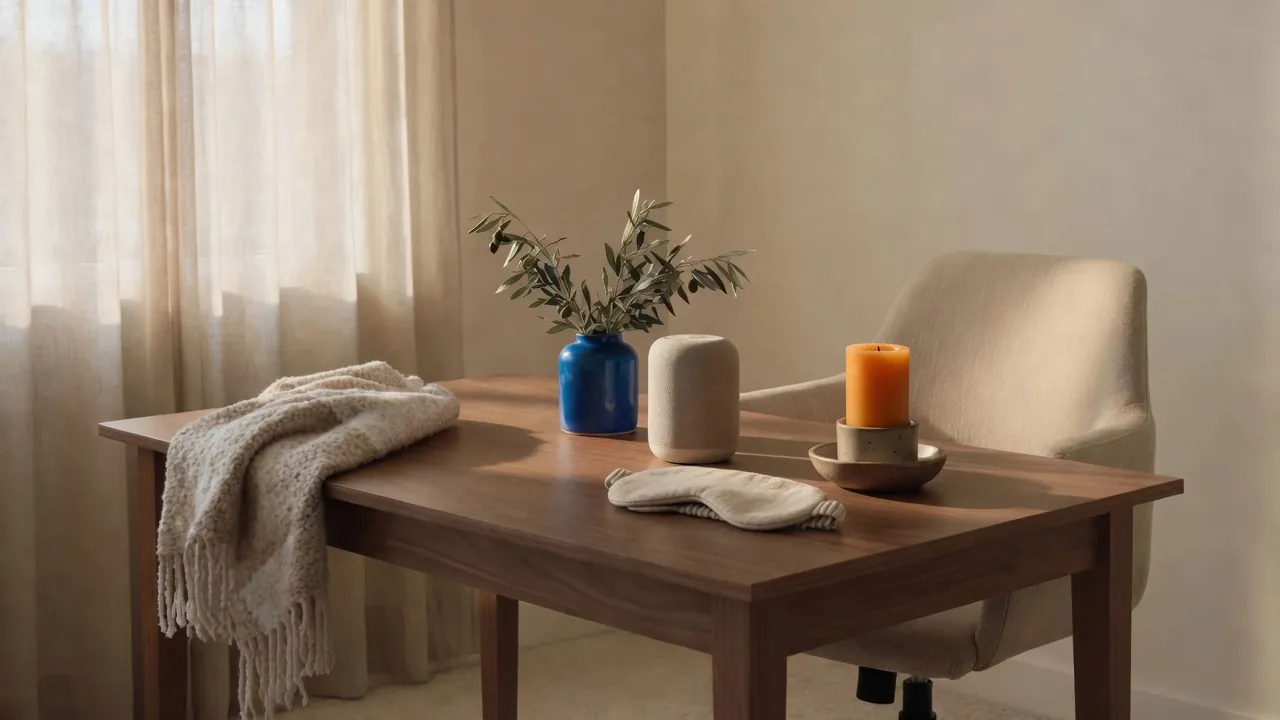 A folded linen sleep mask, an unlit beeswax candle, and a blue ceramic vessel on a walnut office desk in window light.