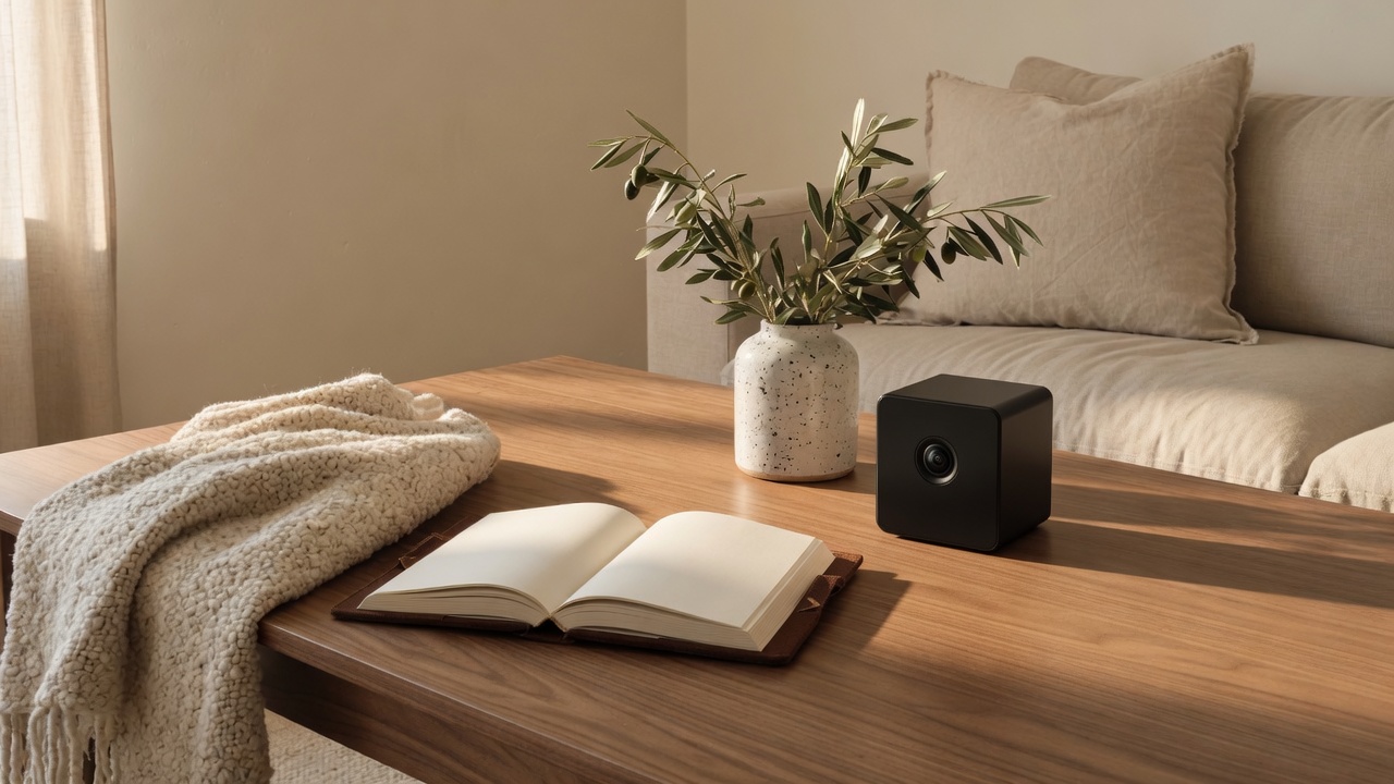A small matte-black camera beside a blue vessel on oak.