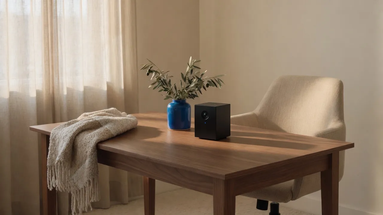 A small matte-black camera and a blue ceramic vessel on a walnut office desk in window light.