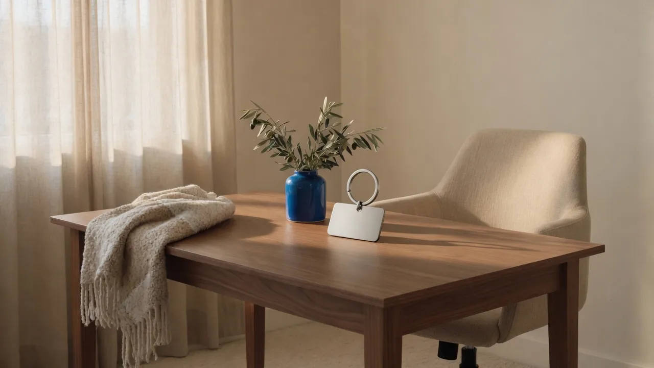 A metal tag and a blue ceramic vessel on a walnut office desk in window light.