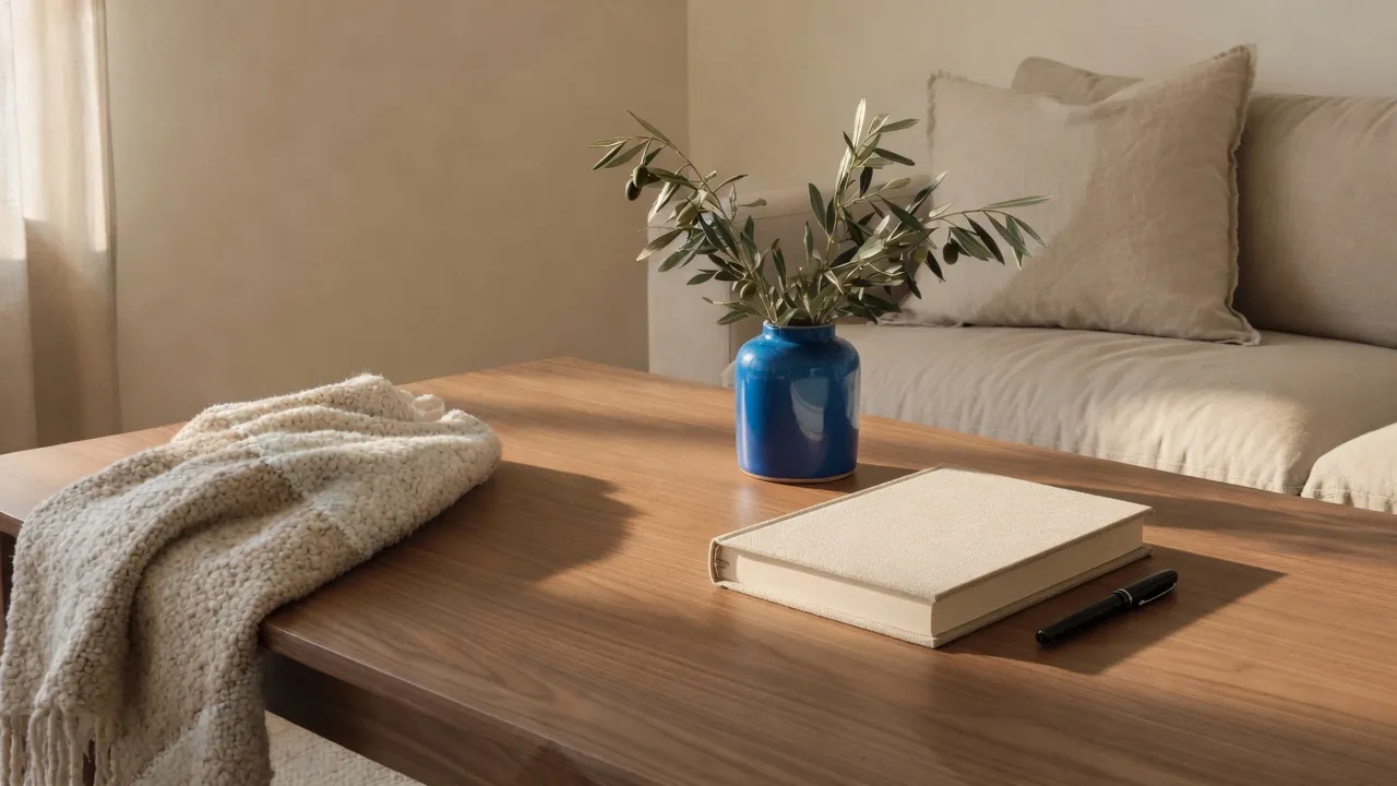 Closed clothbound book, fountain pen, fabric speaker, and a blue ceramic vessel on a walnut table in a sunlit room.