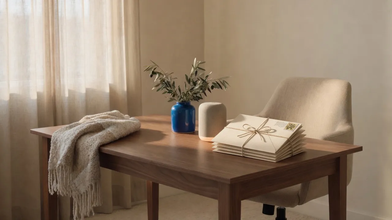 A stack of cream envelopes tied with twine and a blue ceramic vessel on a walnut office desk in window light.