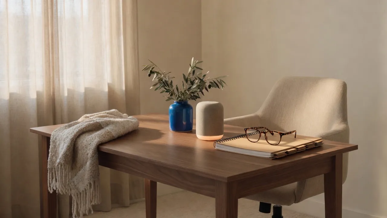 A tabbed spiral-bound report, folded reading glasses, and a blue ceramic vessel on a walnut office desk in window light.