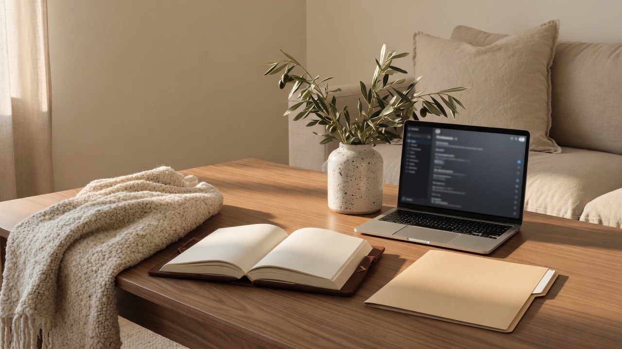 Laptop with a blurred grants list and a folder on an oak table.
