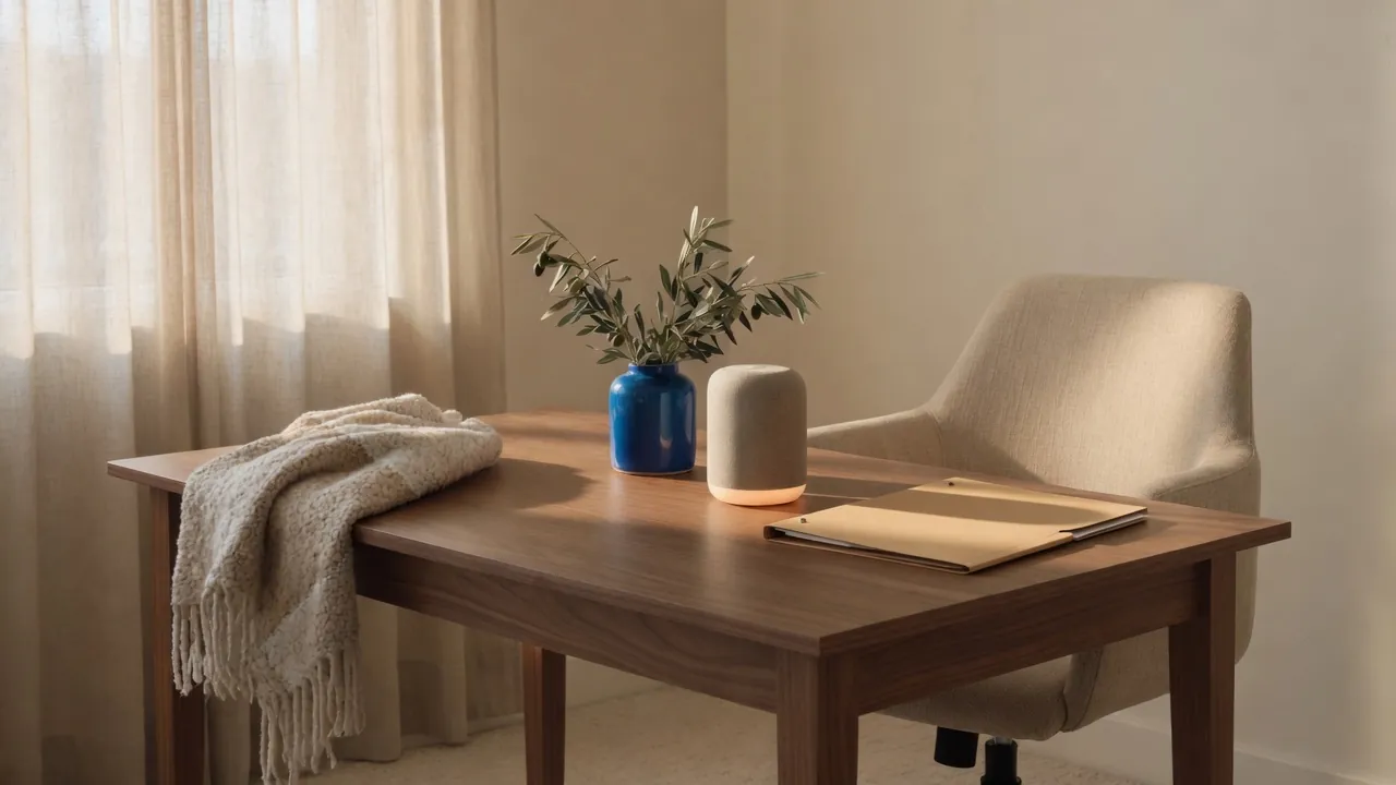 A folder and a blue ceramic vessel on a walnut office desk in window light.
