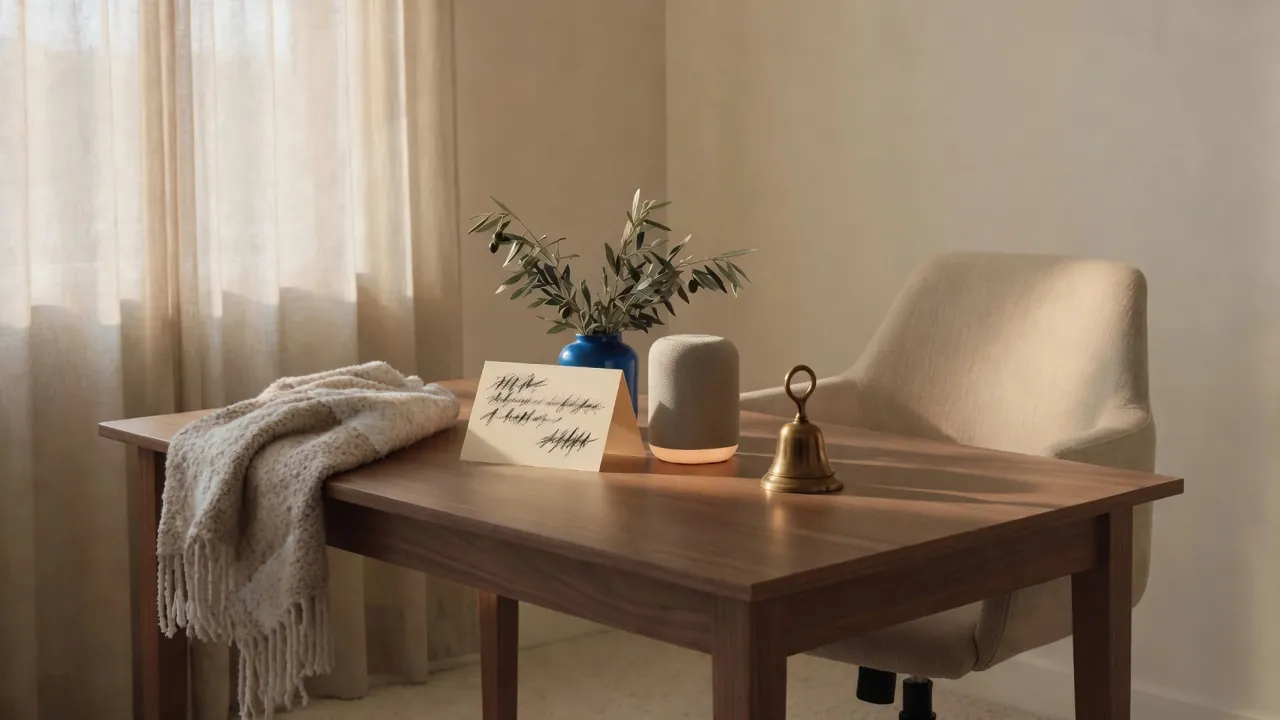 A handwritten thank-you card, a small brass bell, and a blue ceramic vessel on a walnut office desk in window light.