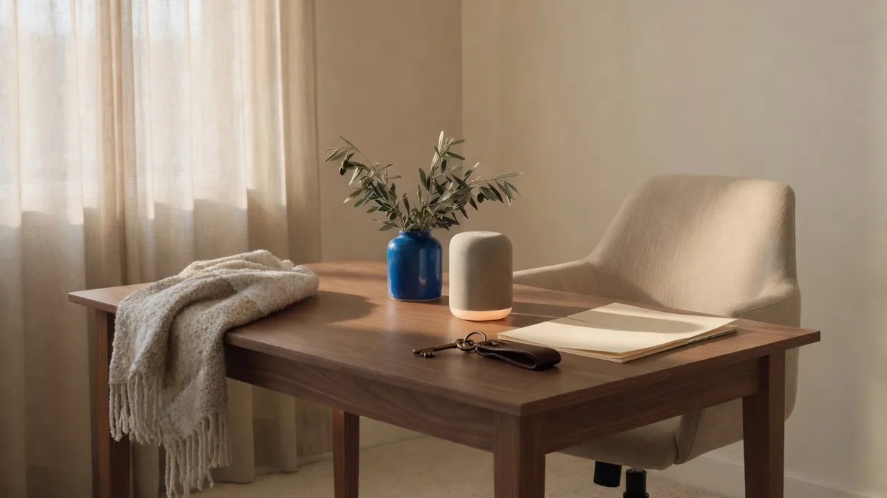 A brass key on a leather fob, a folded document, and a blue ceramic vessel on a walnut office desk in window light.