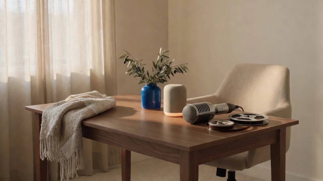 A vintage microphone, a reel of recording tape, and a blue ceramic vessel on a walnut office desk in window light.