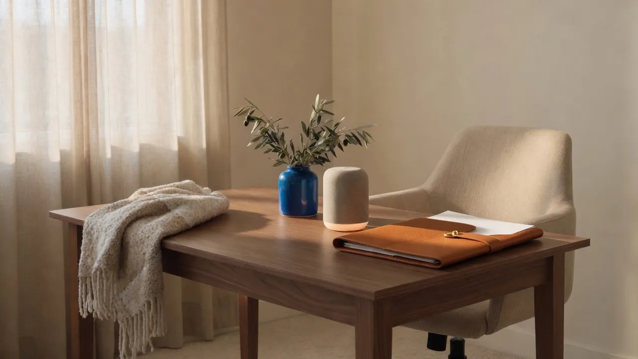 A closed leather portfolio folder and a blue ceramic vessel on a walnut office desk in window light.