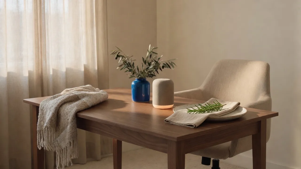 A stoneware plate with a linen napkin and rosemary, and a blue ceramic vessel on a walnut office desk in window light.