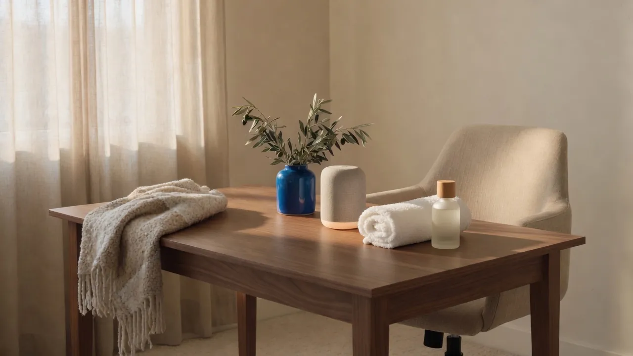 A rolled white towel, a frosted glass bottle, and a blue ceramic vessel on a walnut office desk in window light.