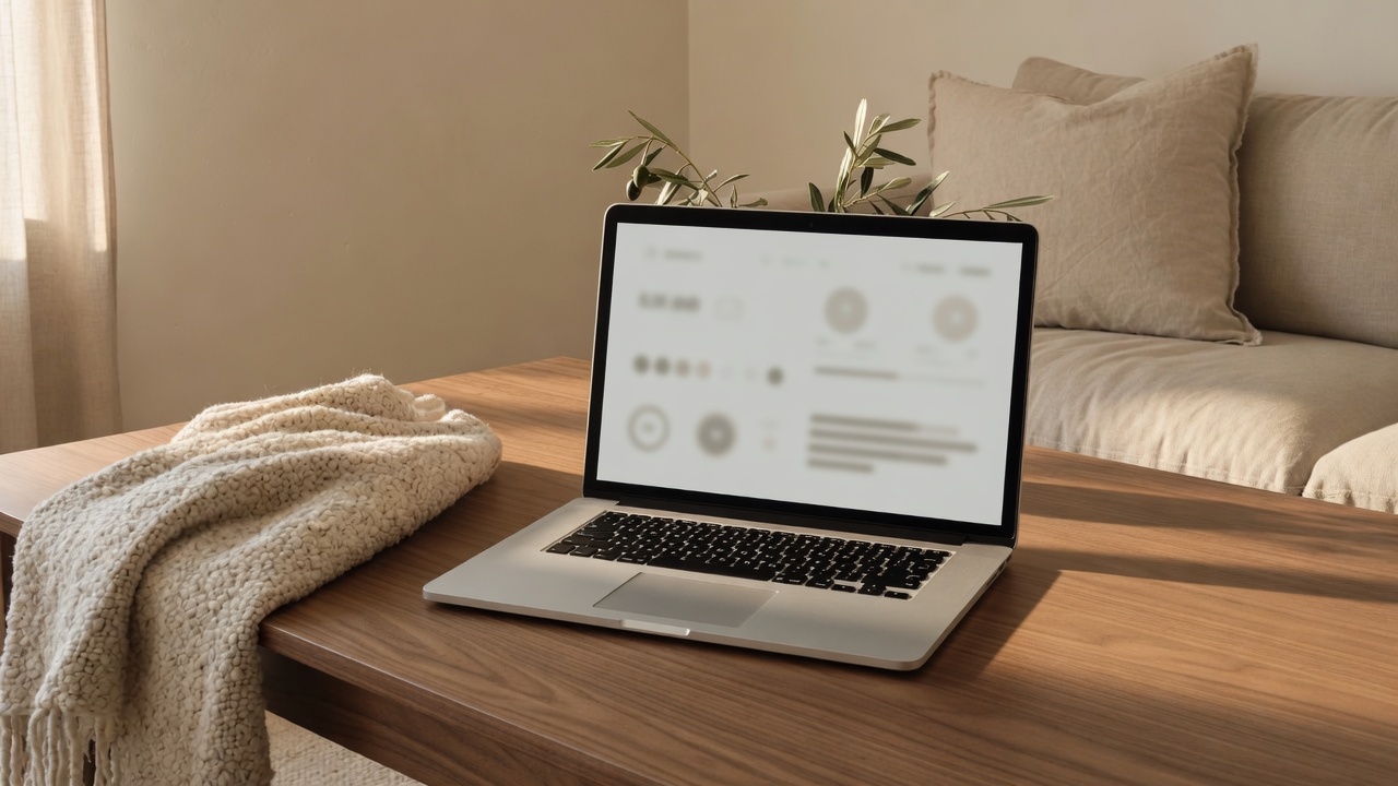 Laptop with a blurred dashboard beside linen and a blue vessel.