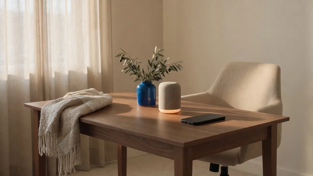 A phone, fabric speaker, and a blue ceramic vessel on a walnut office desk in window light.