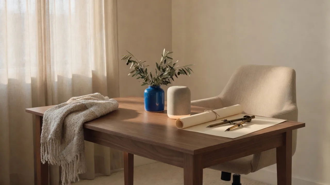 Rolled drafting paper, a brass compass, and a blue ceramic vessel on a walnut office desk in window light.