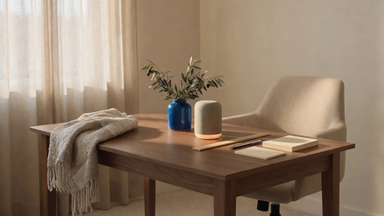 A wooden ruler, a mechanical pencil, blank index cards, and a blue ceramic vessel on a walnut office desk in window light.