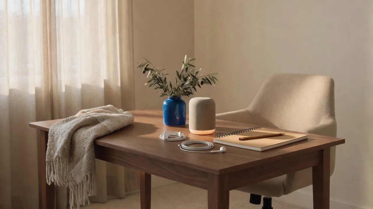 A spiral notebook, a pencil, coiled earbuds, and a blue ceramic vessel on a walnut office desk in window light.