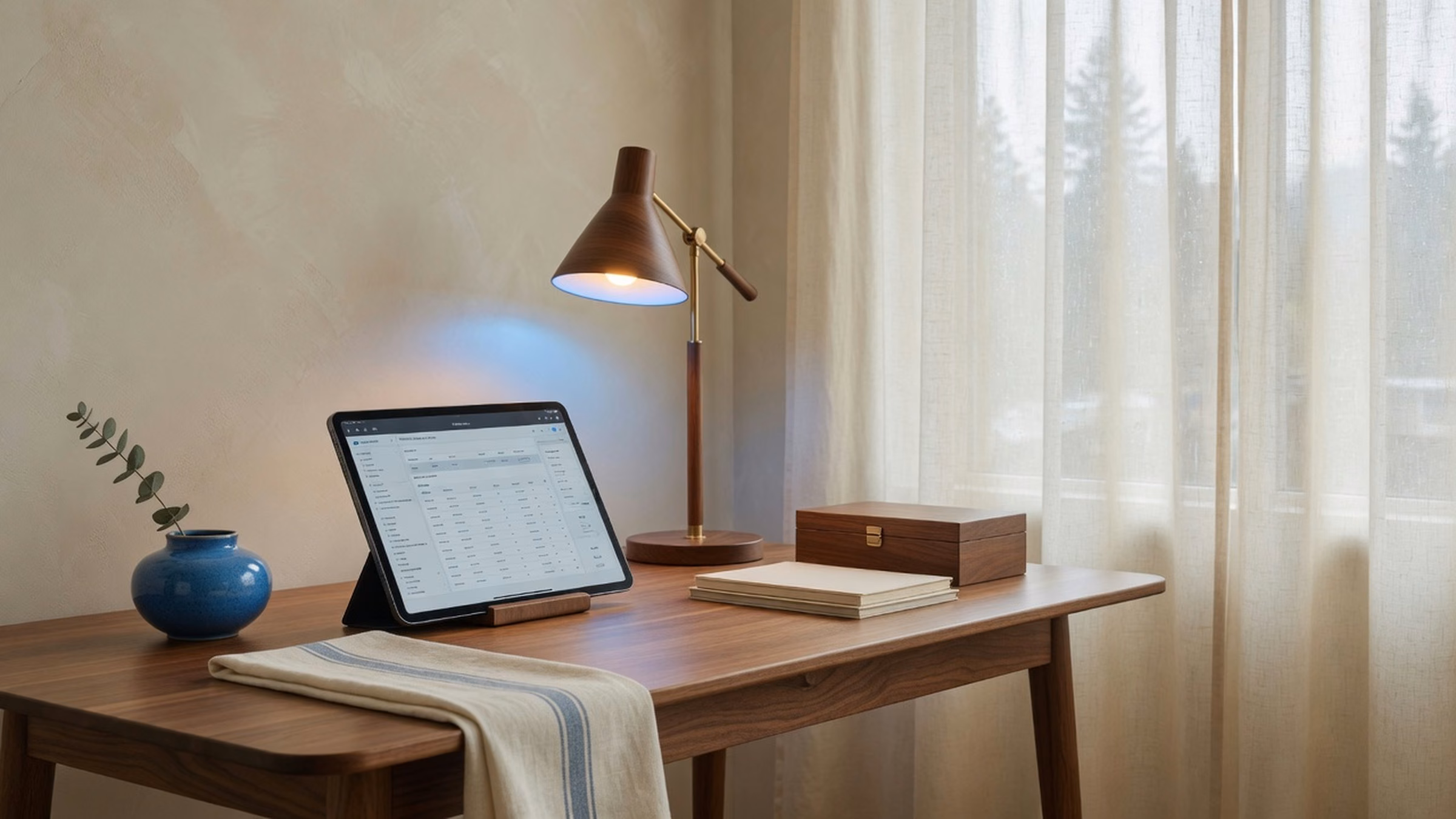 Life-sized tablet on walnut stand showing sharp illegible dense UI; cream plaster, linen curtain, #1B6BB5 ceramic vessel and wall glow; warm wood stays warm