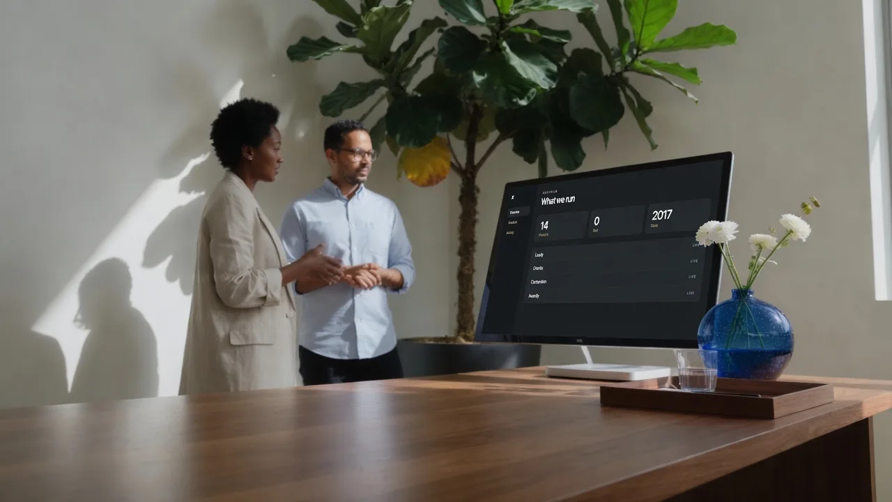 A studio display on a walnut desk showing a product dashboard.
